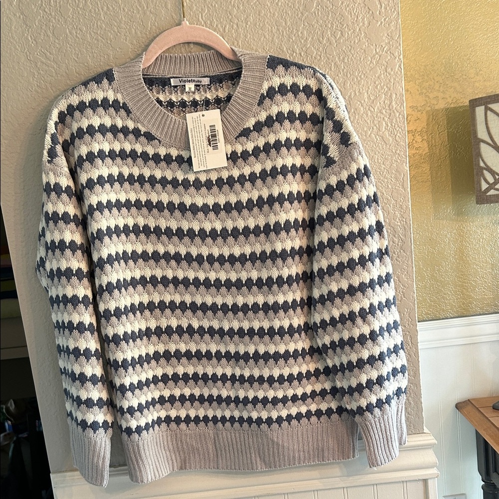 Striped Gray,blue & white sweater, on the thinner side “soft”M. New with tags